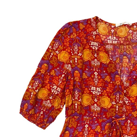 Abel the Label Cottagecore Floral Tiered‎ Midi Dress S Red Fall Prairie Peasant - Picture 6 of 16